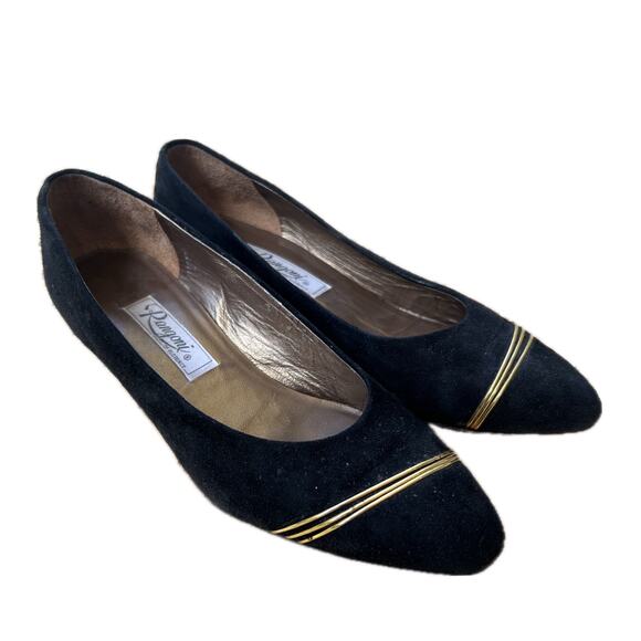 Vintage 1980s Black Suede Heels Gold Trim Made in Italy / size 8 Narrow - Picture 2 of 4